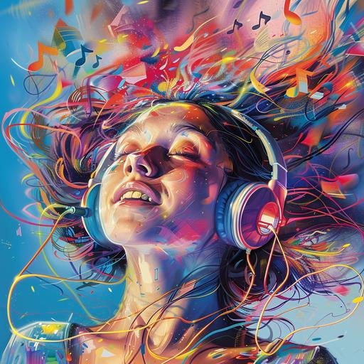 imagine a hyper-realistic high definition image of a girl enjoying listening to music with lots of musical symbolism floating through the air. The girls happy and excited. The girls eyes are multicolored, the music symbolism is floating through the air and is awesome multicolored