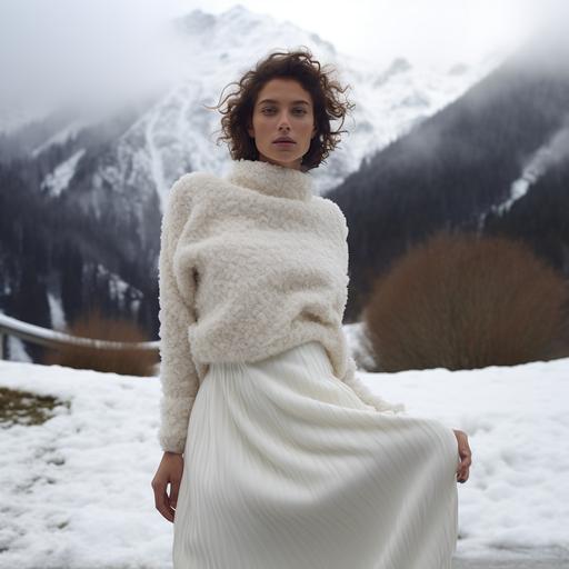 imagine a model in the snow with a white wool sweater and a white wool skirt, full body model, scene from a Paolo Sorrentino film, 8k, captured by canon R8 400mm F5.4 HD result