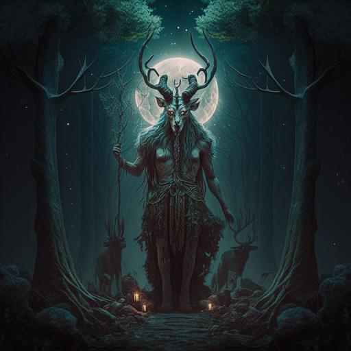 imagine a satanic god , that looks like cernunos the lord of the forest with dark melanholic vibe with 1600s style art depression standiing tall in the middle of the forest with the moon and performing ritual , scary , beast