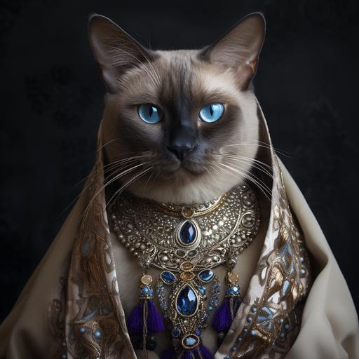 imagine a siamese cat with a silver earring in its left ear. The cat is blue and silver in color and has intense golden eyes. The cat wears a brocade coat and has a bemused look on its face. The cat also wears a necklace set with a lapis lazuli scarab. the cat's paws are tipped in tulip purple