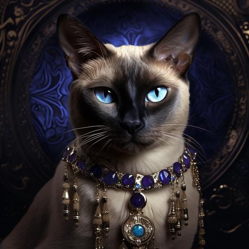 imagine a siamese cat with a silver earring in its left ear. The cat is blue and silver in color and has intense golden eyes. The cat wears a brocade coat and has a bemused look on its face. The cat also wears a necklace set with a lapis lazuli scarab. the cat's paws are tipped in tulip purple