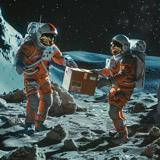 imagine an astronaut handing another astronaut a parcel on the moon, the delivery astronaut is in orange blue suit, space opera --v 6.0 --style raw
