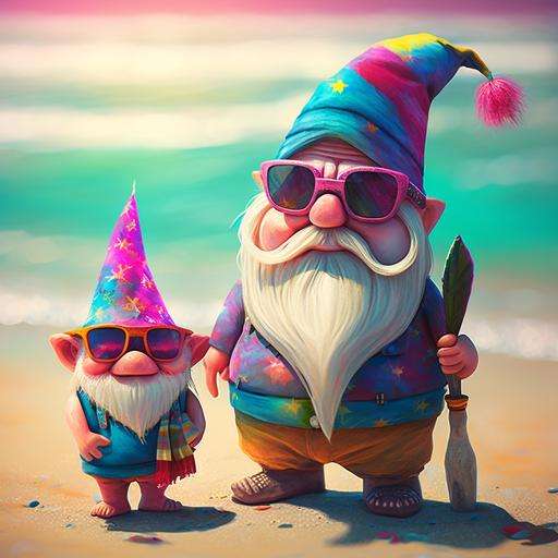 imagine beach background, adorable pixar style large beach gnome standing on the beach with his full size gnome buddy, both have ultra realistic hands and feet, both wearing tie dye sandals, both wearing big round neon pink sunglasses and tie dye slouchy hats, 8k, vibrant, creative realism
