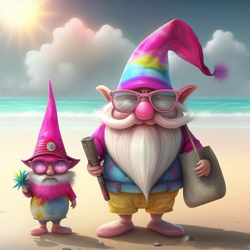 imagine beach background, adorable pixar style large beach gnome standing on the beach with his full size gnome buddy, both have ultra realistic hands and feet, both wearing tie dye sandals, both wearing big round neon pink sunglasses and tie dye slouchy hats, 8k, vibrant, creative realism