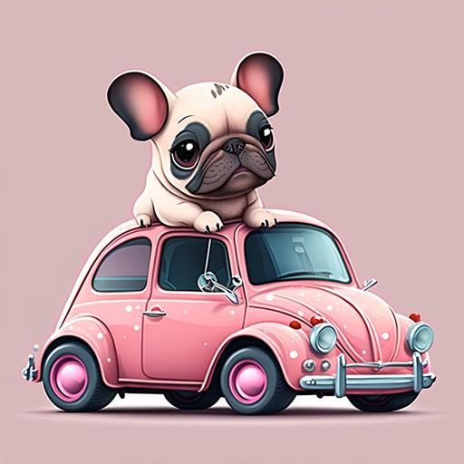 imagine chibi design cartoon valentine's day pink car with heart and french bulldog –h 3000 –w 3000 --v 4 --v 4