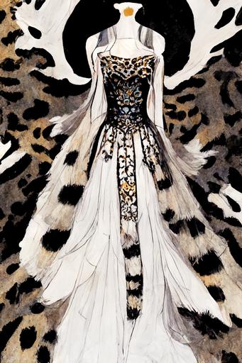/imagine prompt: couture dress, high fashion, tech, native american, snow leopard print, snow leopard inspired, in style of Alexander McQueen --s 1225 --ar 10:16