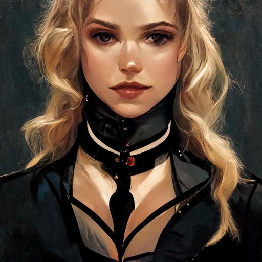 /imagine prompt:full body of a domineering 25 year old hot blonde holding a whip in her hand, with a beautiful and perfect face, wearing a black corset outfit and biting her lips, realistic draw