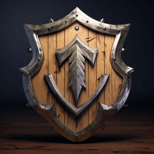 imagine realistic modern logo for woodwork and metalwork. base must be a shield shape made of oak and include woodworking and metalworking tools, make the elements out of brushed steel. Include welding sparks and wood shavings in the background.