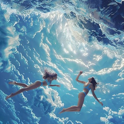 imagine summer, grils swimming, surrealistic dreamy scene style, sky blue and navy blue, surreal Gilgamesh optical illusion