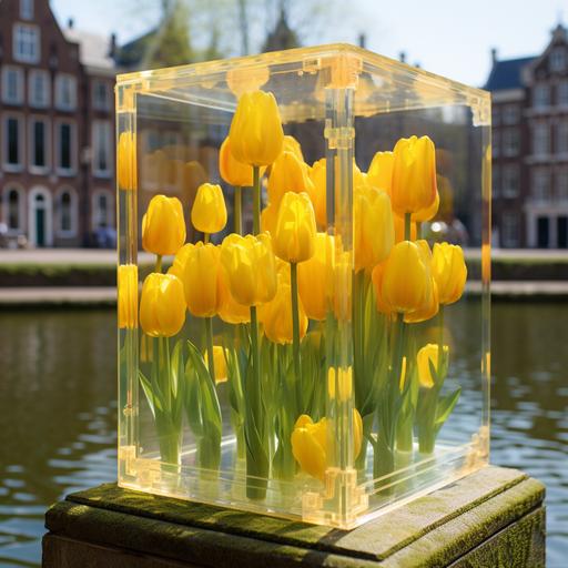 imagine yello tulip inside a glass box with a backdrop of Amsterdam