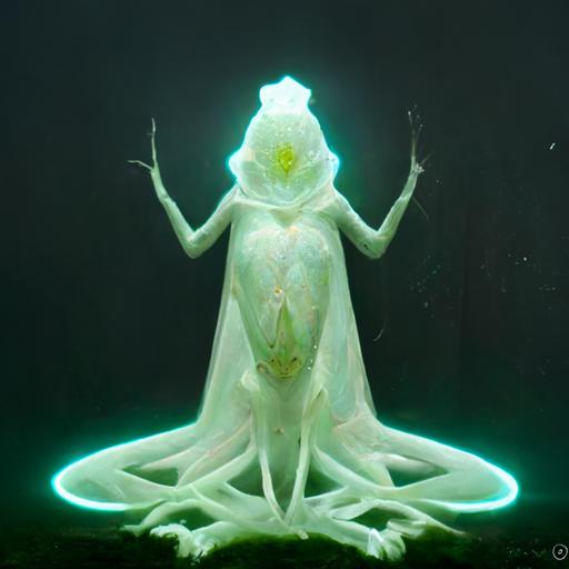 /imaginefrog green humanoid alien goddess with frog fingers kneeling front on, mid shot, white temple filled with white light, spirit guide, enlightenment, psychedelic