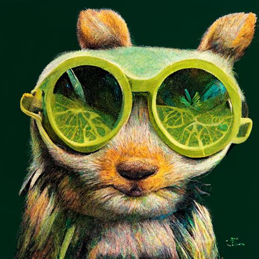 imagine/life like squirrel, wearing lime green sunglasses, drinking from bottle with excellence printed on it from a crazy straw