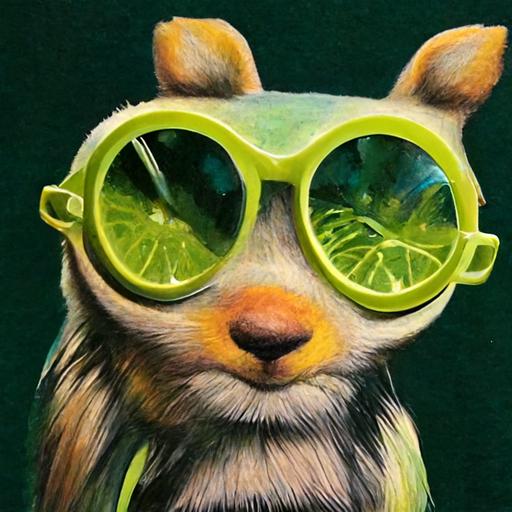 imagine/life like squirrel, wearing lime green sunglasses, drinking from bottle with excellence printed on it from a crazy straw --uplight