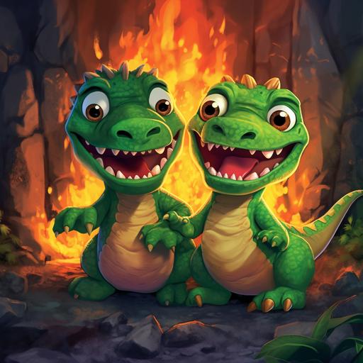 create two green dinosaur cartoon brothers that are named Elijahsaurus and Jaylen-Rex, The volcano erupts, and despite their bravery, Elijahsaurus and Jaylen-Rex are caught in the lava flow while helping their friends escape.