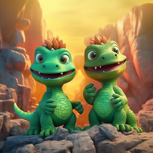 create two green dinosaur cartoon brothers that are named Elijahsaurus and Jaylen-Rex, The dino brothers got caught in a volcanic eruption and Years pass, and the lava turns into solid rock, preserving the brothers within in perfect lava statues