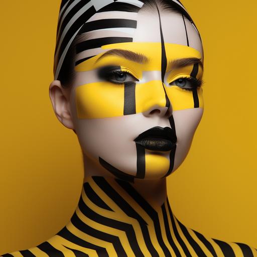 img20231219_16323032.jpg black halftone makeup, yellow parallel lines, surreal realistic