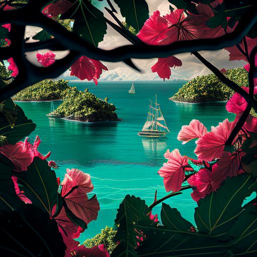 imgur.com/cUhBT7D view from a Caribbean island, hibiscus flowers and branches in foreground, ultrablue water, sailboats, realistic, photograph, ultradetailed, Ansel Adams in color