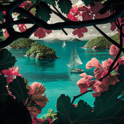 imgur.com/cUhBT7D view from a Caribbean island, hibiscus flowers and branches in foreground, ultrablue water, sailboats, realistic, photograph, ultradetailed, Ansel Adams in color