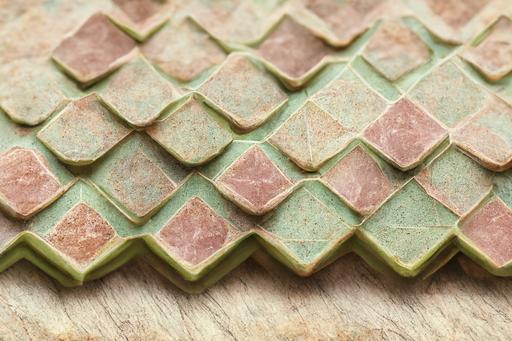 imitation kitchen tiles, 3D, beta, repeating pattern, sandstone, pastel pink, pastel pistachio green, pastel olive green, cedar coffee, wallpaper, --ar 16:10 —q 2