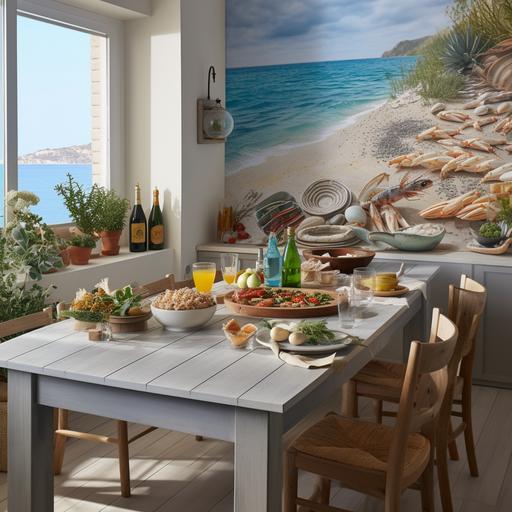 immagine iperrealista e con sfondo chiaro con grande tavolo pieno di prodotti tipici della cucina mediterranea anche pesce e verdure