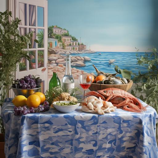 immagine iperrealista e con sfondo chiaro con grande tavolo pieno di prodotti tipici della cucina mediterranea anche pesce e verdure