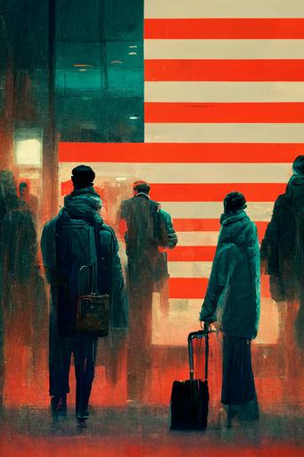 immigrant businessmen stuck in united states of America ::people ::chains ::passport ::USA Flag --h 384