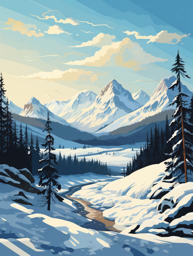 imple vector art, mountain range , montana , winter, snow, polish flork art, big sky --ar 9:12