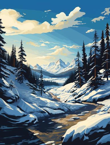 imple vector art, mountain range , montana , winter, snow, polish flork art, big sky --ar 9:12