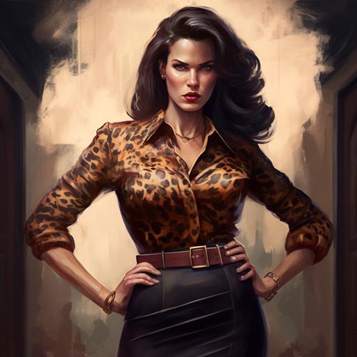 imposing woman, attractive face, beautiful body, full body, wearing silk leopard shirt, wearing long pencil skirt, leather belt, high detail, office, smart, hips, 8k, ultra resolution