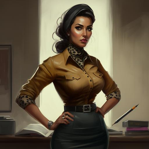 imposing, young woman, hourglass figure, attractive face, beautiful body, full height, wearing hijab, s*xy, wearing leather pencil skirt, wearing tight leopard shirt, leather belt, high detail, office, smart, hips, 8k, ultra resolution