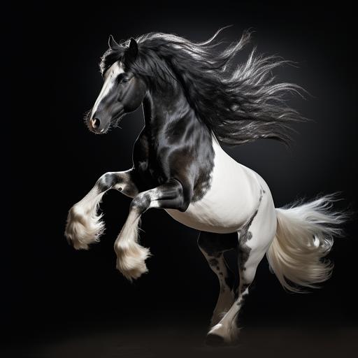 impossibly long hair fur black and white horse, beautiful dancing graceful creature, fluid motion dancer, mid leap, twist, turn, photographic, canon 5D, hyper realistic, in moonlight