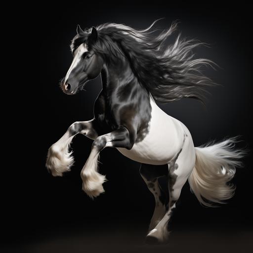 impossibly long hair fur black and white horse, beautiful dancing graceful creature, fluid motion dancer, mid leap, twist, turn, photographic, canon 5D, hyper realistic, in moonlight