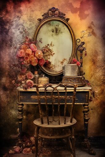 impresionism victorian vanity mirror with chair for makeup vibrant color on ancient paper for digital junk journal --ar 2:3 --v 5.2