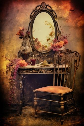 impresionism victorian vanity mirror with chair for makeup vibrant color on ancient paper for digital junk journal --ar 2:3 --v 5.2