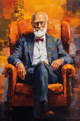 impressionist acrylic art Sigmund Freud sitting on a psychologist chair --ar 2:3