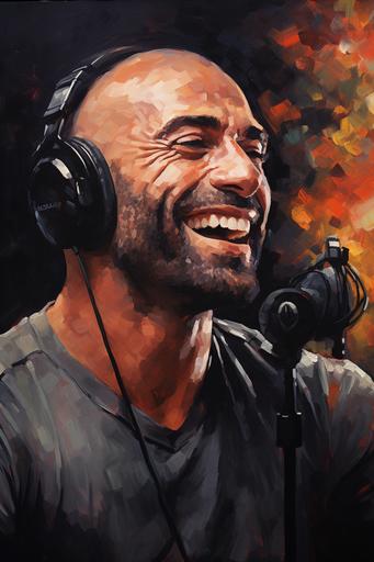 impressionist acrylic art of joe rogan smiling whilst on a podcast. Headphones on, infront of microphone --ar 2:3