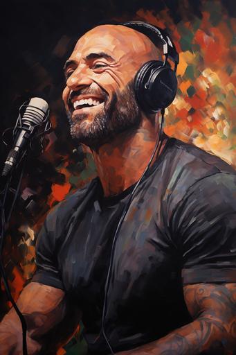 impressionist acrylic art of joe rogan smiling whilst on a podcast. Headphones on, infront of microphone --ar 2:3