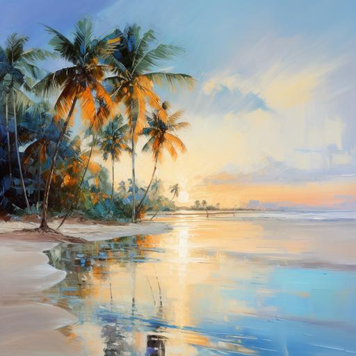 impressionist oil painting, Wall Art, very beautiful, very white sandy beach, palm trees either side, overlooking into Maldives Sunset with water reflection. Whites, blues, light blues,