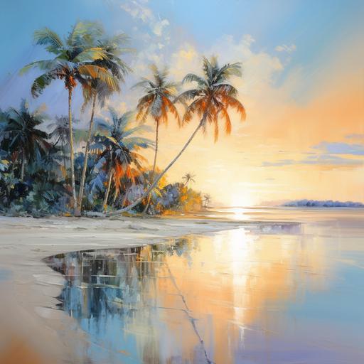 impressionist oil painting, Wall Art, very beautiful, very white sandy beach, palm trees either side, overlooking into Maldives Sunset with water reflection. Whites, blues, light blues,