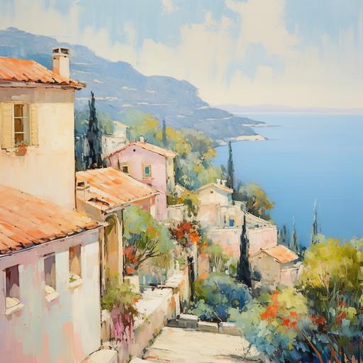 impressionist painting, minimalist, beautiful Eze village on mountain in french riviera with sea in back groun