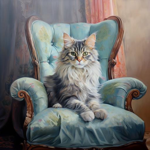 impressionist painting of a cat sitting in a tufted chair, detailed eyes, traditional oil painting, painting strokes