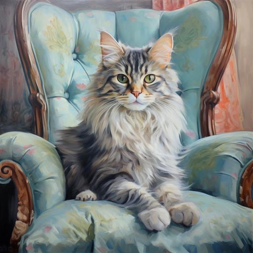 impressionist painting of a cat sitting in a tufted chair, detailed eyes, traditional oil painting, painting strokes