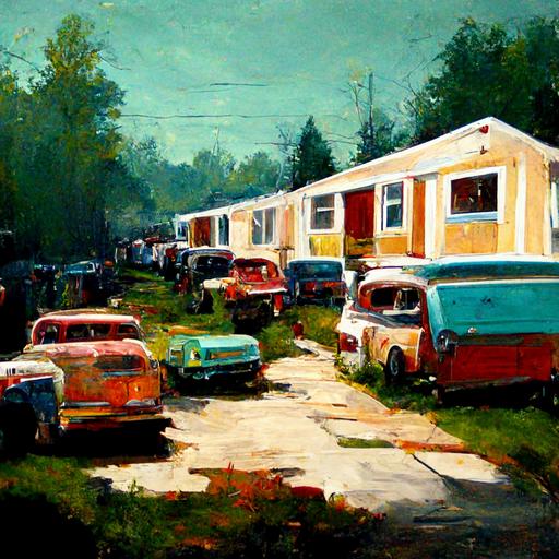 impressionist trailer park, rednecks, car up on blocks
