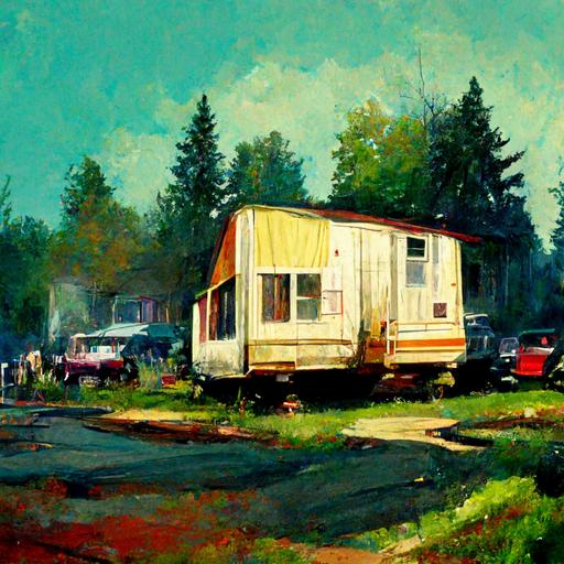 impressionist trailer park, rednecks, car up on blocks