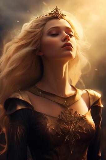 improve this picture with the followingAttractive, blonde queen, blue eyes, golden sunbeams in the background, hair flowing in the wind, chin up high, standing defiantly, fantasy, intricate, highly detailed, artstation, photorealistic, sharp focus, art by Ruan Jia and Jana Schirmer, full body render, 8k render, high definition, cinematic, atmospheric, octane render, --ar 2:3