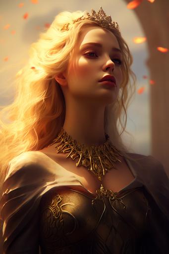 improve this picture with the followingAttractive, blonde queen, blue eyes, golden sunbeams in the background, hair flowing in the wind, chin up high, standing defiantly, fantasy, intricate, highly detailed, artstation, photorealistic, sharp focus, art by Ruan Jia and Jana Schirmer, full body render, 8k render, high definition, cinematic, atmospheric, octane render, --ar 2:3