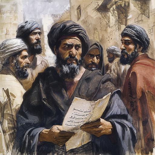 in 1200, Arabic man at 30 years old, reading a paper and looks angry. people around him are laughing at him and making fun of him.