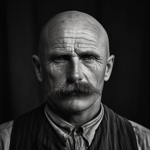in 1925 ukraine, 40 year man bald head long mustache, cossack style, black and white photo, 4k