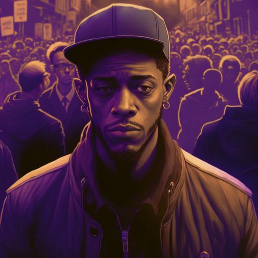 in Drawing by Marvel Comics, cinematic, in third-person view, dramatic, scene, he wears a dark purple polo shirt, wears a denim jacket, a black man, and thin, dark brown eyes, he wears a cap, is walking in the middle of a crowd, in the streets, people around, purple lights, in 16k. --v 4