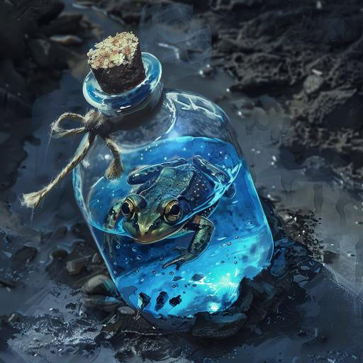 in a 2d fantasy art style, generate a frog trapped in a potion bottle filled with blue liquid sealed with a cork. The bottle is laying on black and grey ashy dirt